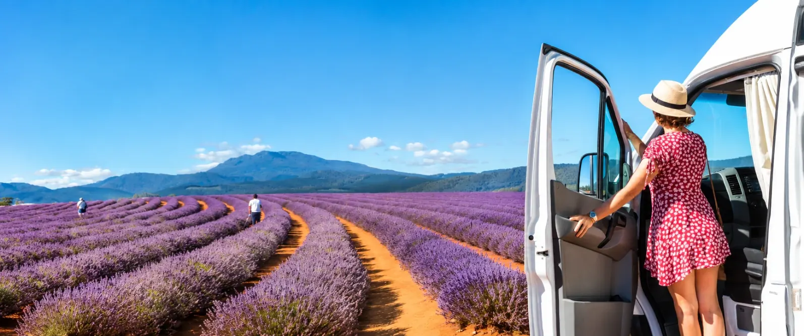 Woman stepping out of a campervan beside rows of purple lavender and mountains in Tasmania