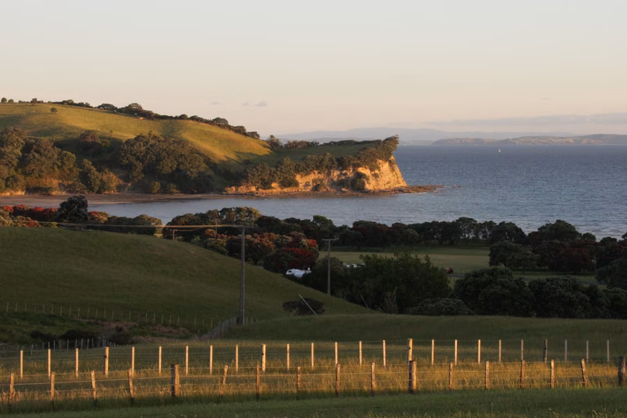 Te Hāruhi Bay and its headland at Shakespear Regional Park in evening light