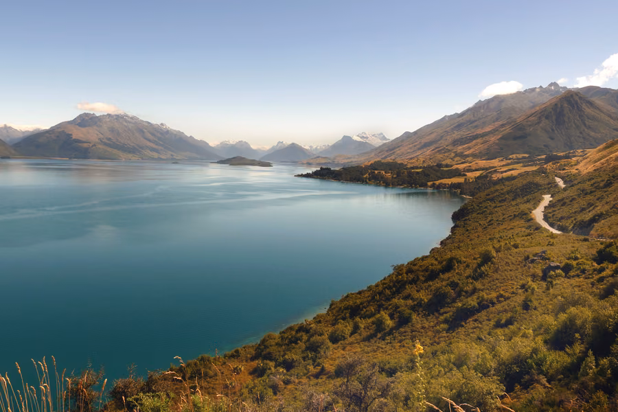 Lake Wakatipu beside the Glenorchy road, with the ranges at the head of the lake