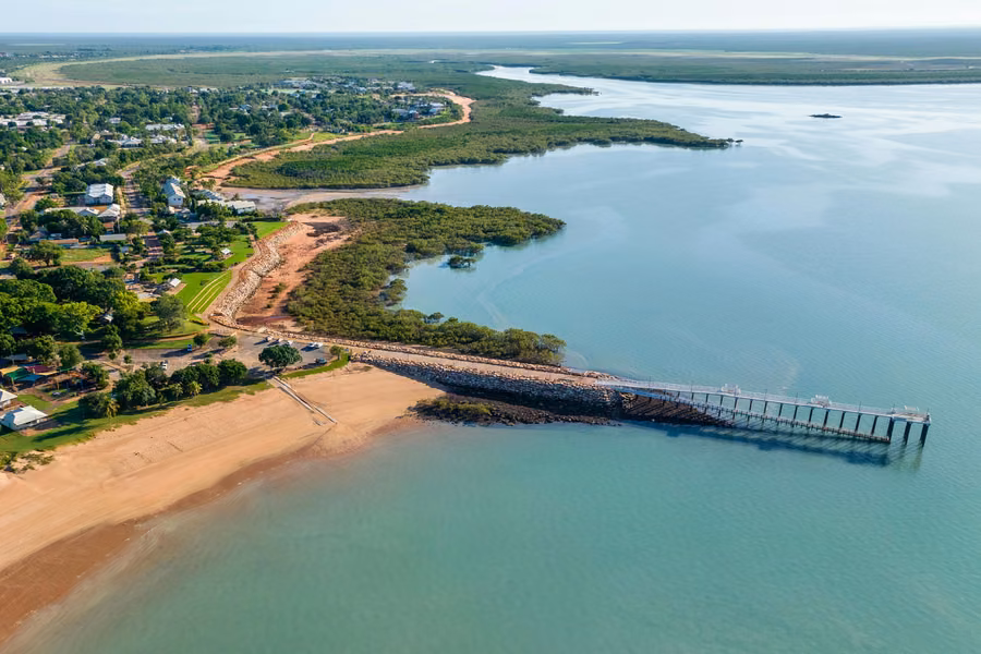 Aerial view of Town Beach, its new jetty and the calm water of Roebuck Bay on Broome's south-east edge