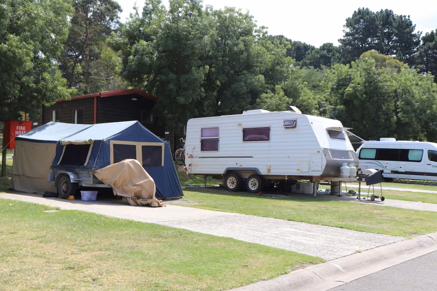 Camper trailer, caravan and campervan on grassy sites beside the road under tall trees at Katoomba Falls Tourist Park