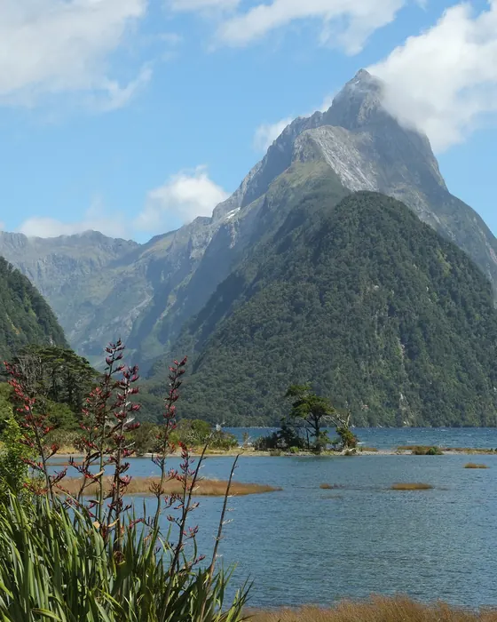 Mitre Peak rising above Milford Sound in Fiordland, New Zealand