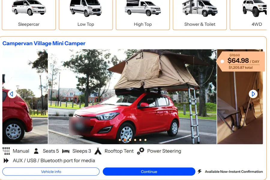 Campervan Rental Guide search results comparing vehicle types, suppliers and prices for a Sydney hire