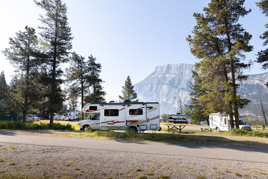Motorhome and travel trailers on campsites among pine trees below the cliffs of Mount Rundle at Tunnel Mountain, Banff
