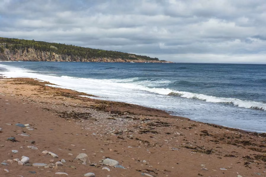 Surf rolling onto the sand and pebble beach at Broad Cove, below forested headlands in Cape Breton Highlands National Park