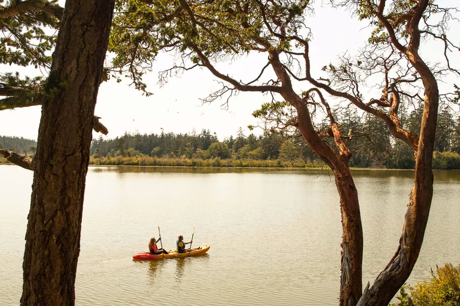 Two people in a kayak paddling across a calm lake framed by twisted red-barked trees at Deception Pass State Park