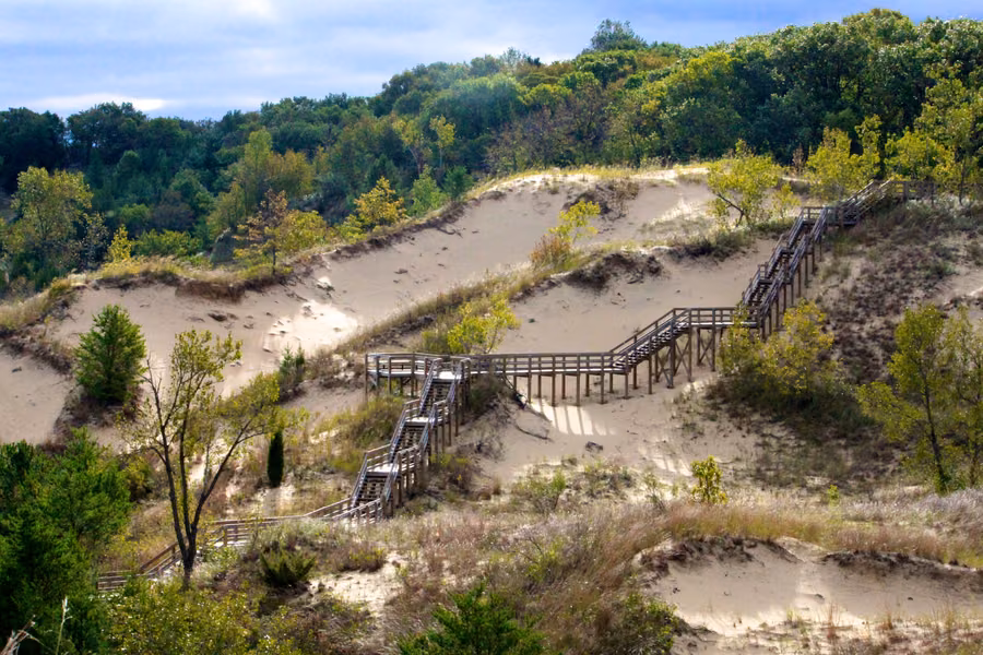 Wooden boardwalk stairs zigzagging up a sand dune on the Dune Succession Trail at West Beach, Indiana Dunes National Park