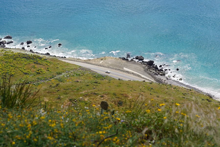 Pacific Coast Highway curving along the turquoise ocean below a wildflower-covered hillside near Point Mugu