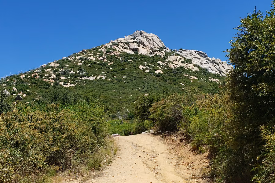 Dirt trail through green chaparral leading towards the granite summit of Stonewall Peak in Cuyamaca Rancho State Park