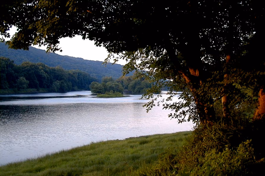 The Delaware River and wooded Kittatinny hills seen from a riverside campsite under trees at Worthington State Forest