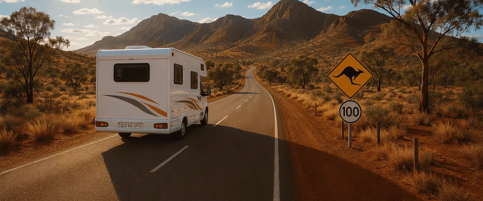 Motorhome driving an outback highway towards red mountain ranges, with a kangaroo warning sign beside the road