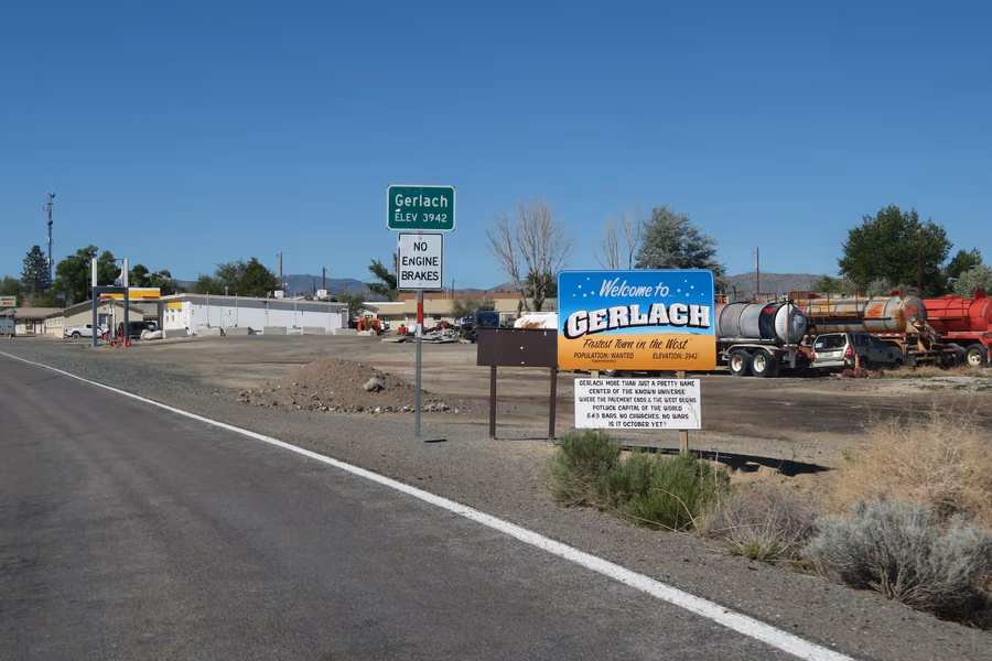 The Welcome to Gerlach sign beside Nevada Route 447 at the edge of the small desert town