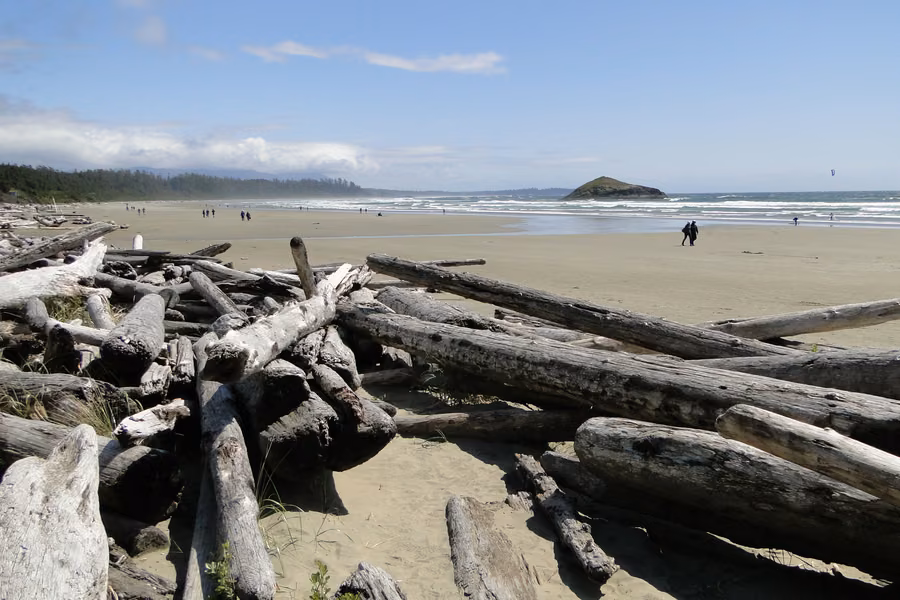 Driftwood logs piled on the sand at Long Beach in Pacific Rim National Park Reserve, with walkers on the wide beach and a small island offshore
