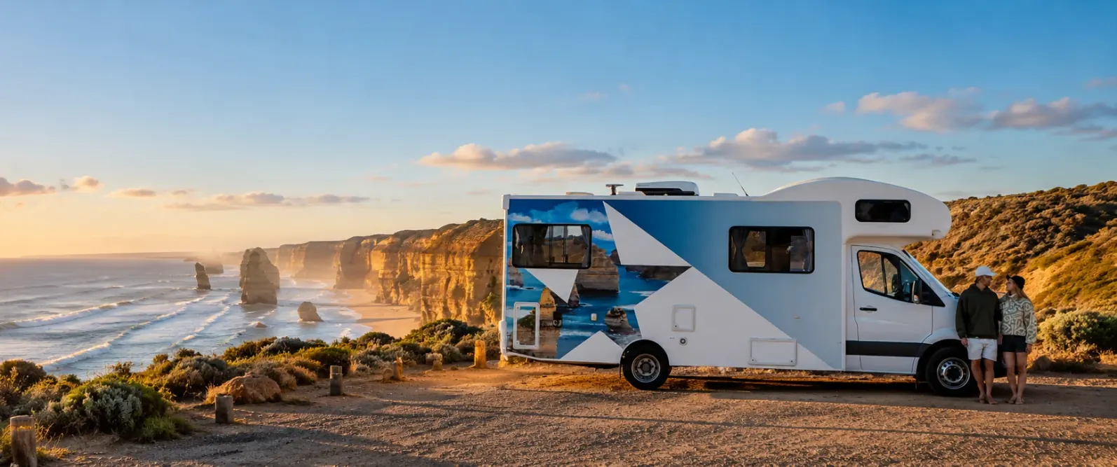 Couple beside a campervan overlooking the Twelve Apostles on the Great Ocean Road at sunset