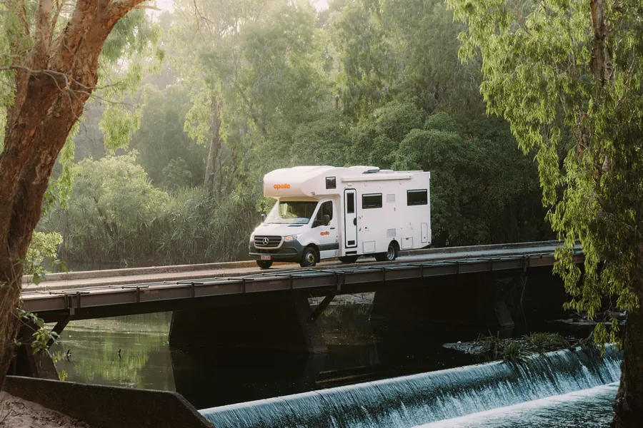 Apollo Euro Deluxe motorhome crossing a bridge near Katherine in the Northern Territory