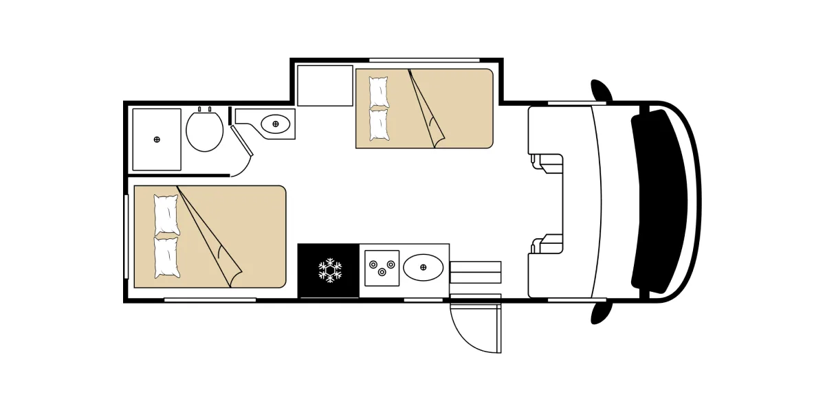 Road Bear Super Van Camper 23-25 ft night floor plan, USA