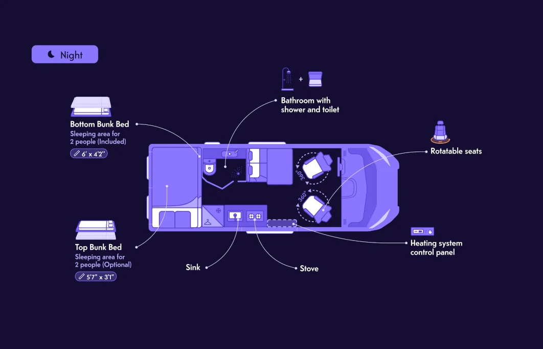 Indie Campers Active Bunk night floor plan, New Zealand