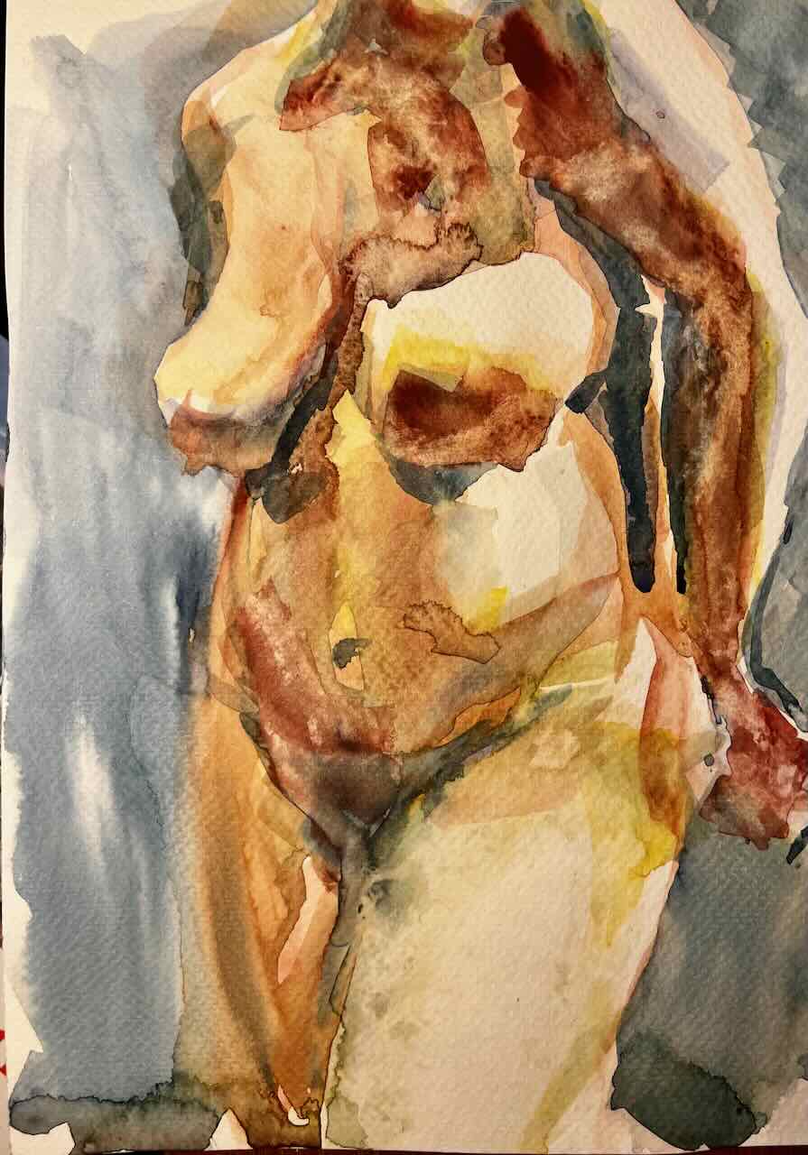 Standing female model, rendered in watercolor