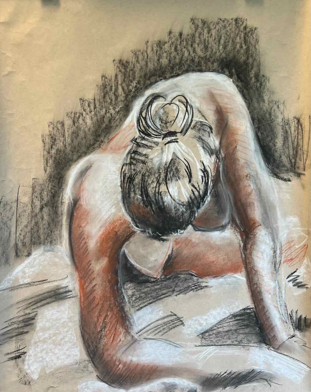Reclining model rendered in conté crayon
