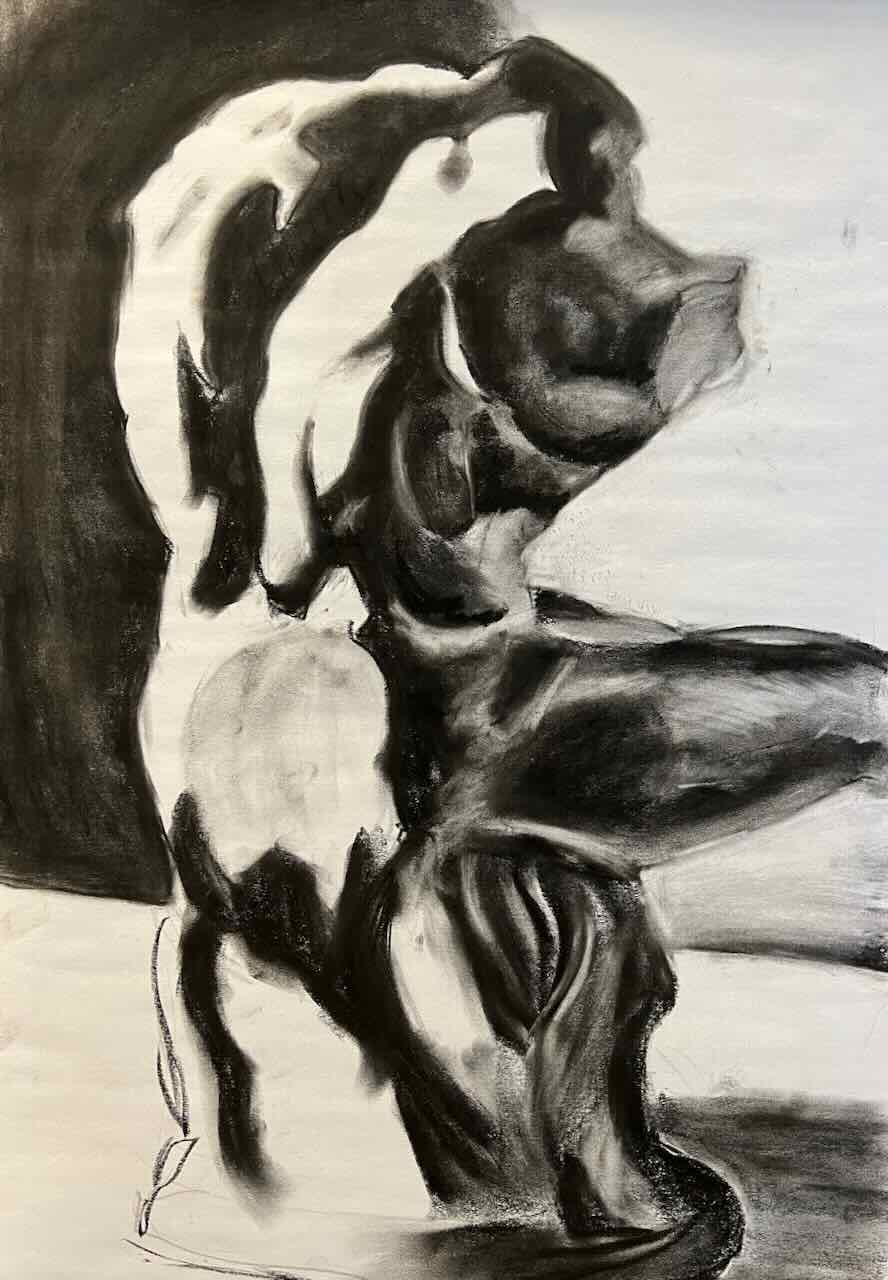 Male torso statue, rendered in charcoal