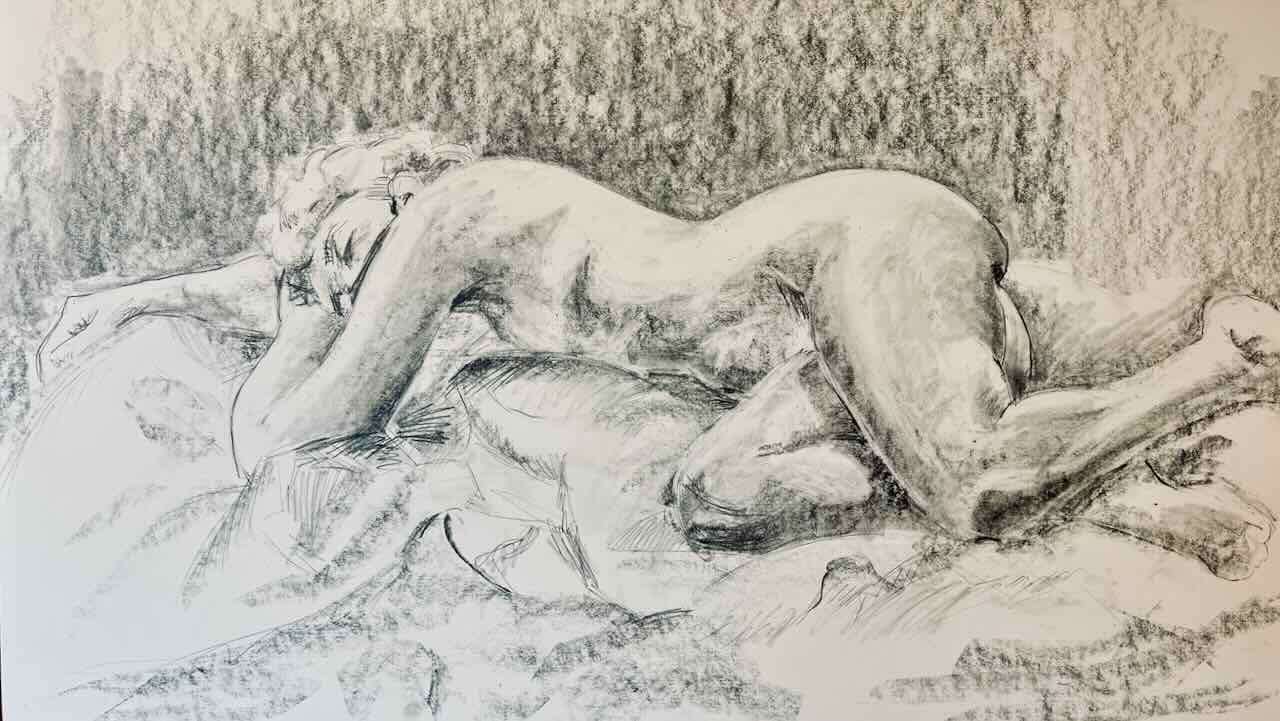 Reclining model, rendered in graphite 