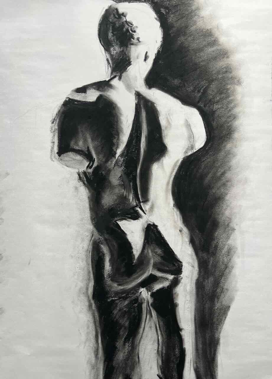 Rendering of a female statue in charcoal
