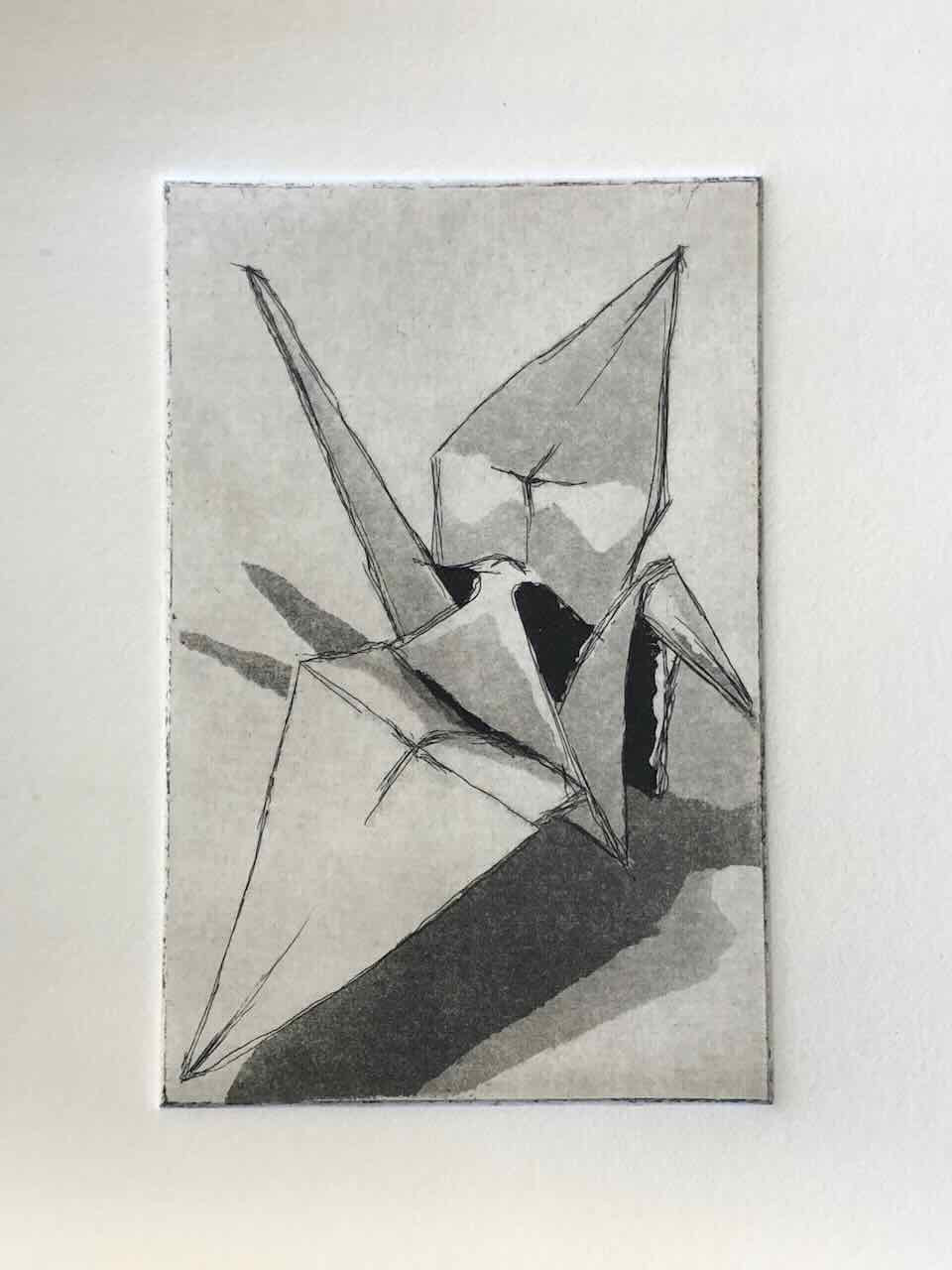 Aquatint etching of a paper crane