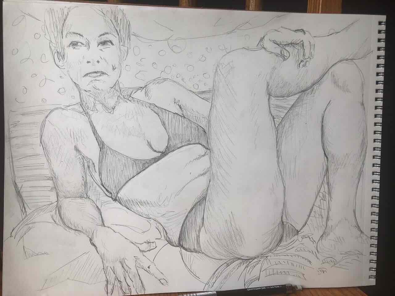 Reclining model, rendered in pencil