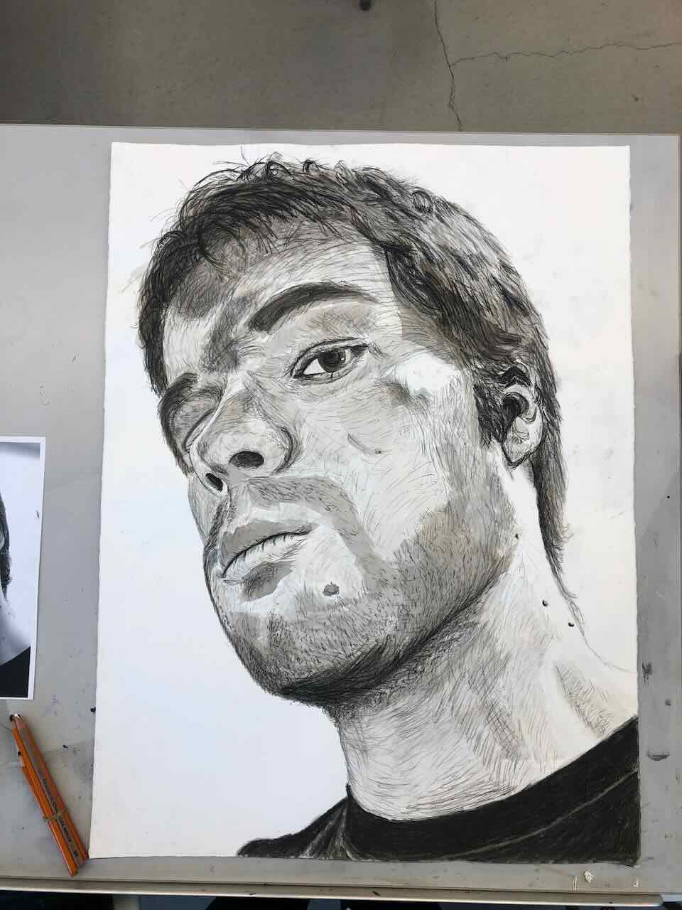 Self Portrait in ink and charcoal