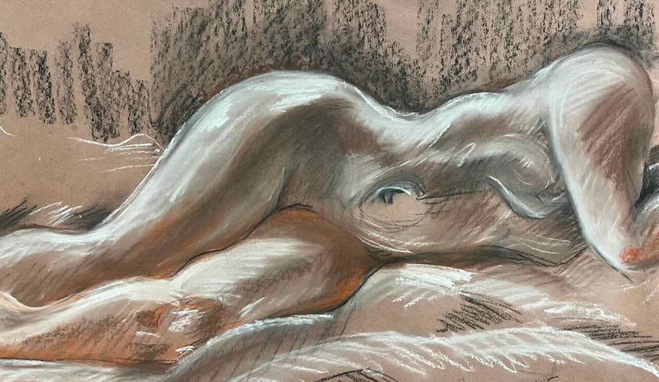 Reclining figure, rendered in conté crayon.