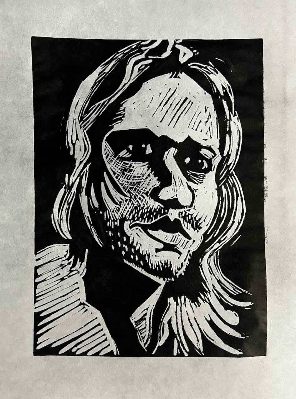 Portrait of Kurt Cobain in woodcut print