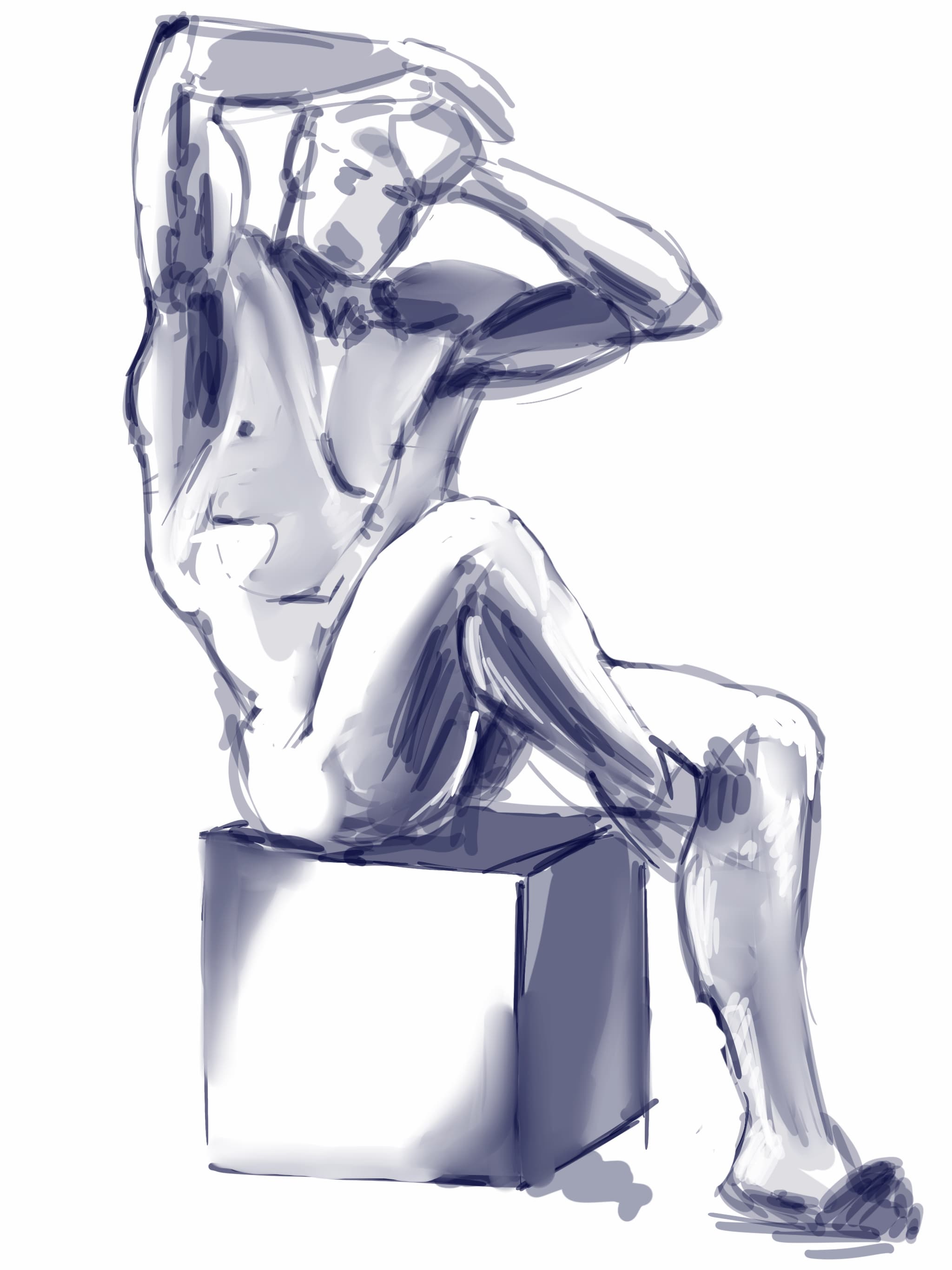 Procreate sketch of s model seated on a box