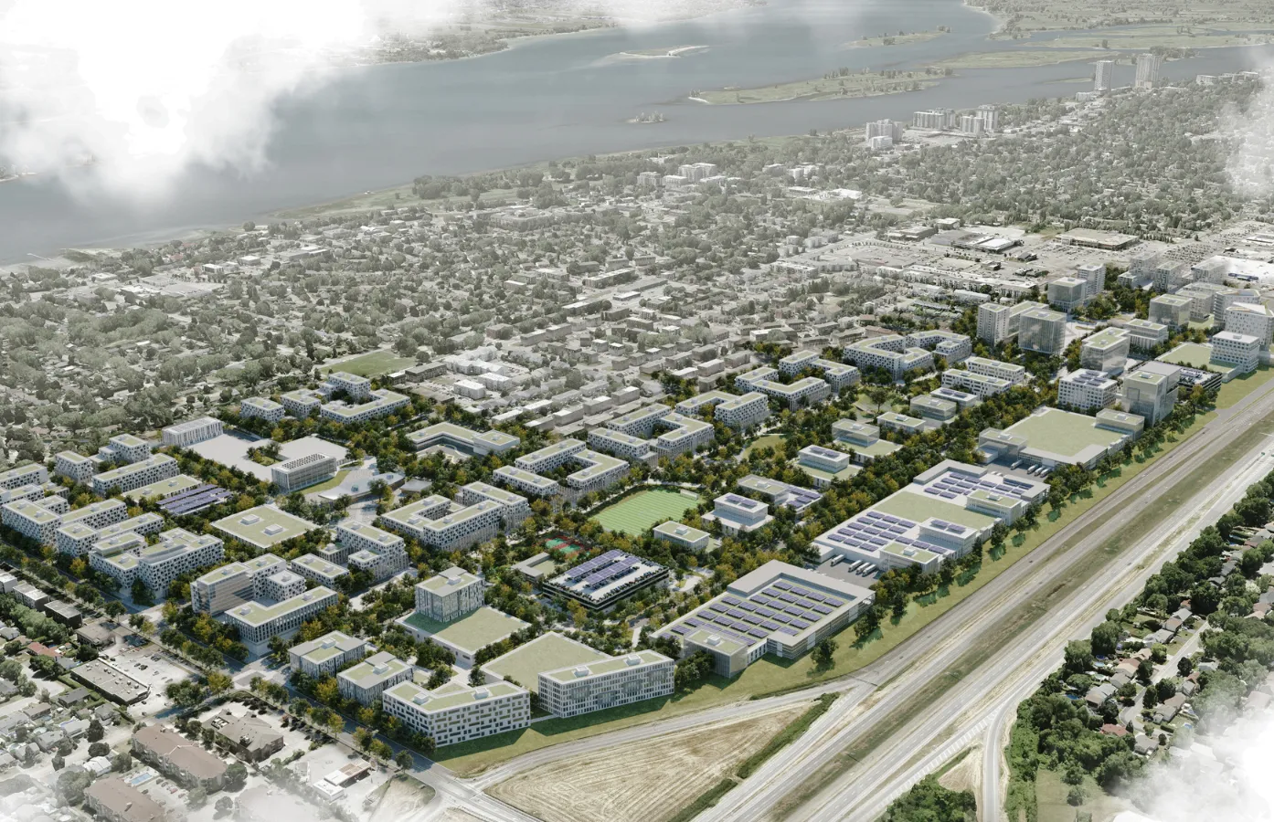 Vue aérienne du futur quartier Avantia à Repentigny, le long de l’autoroute 40