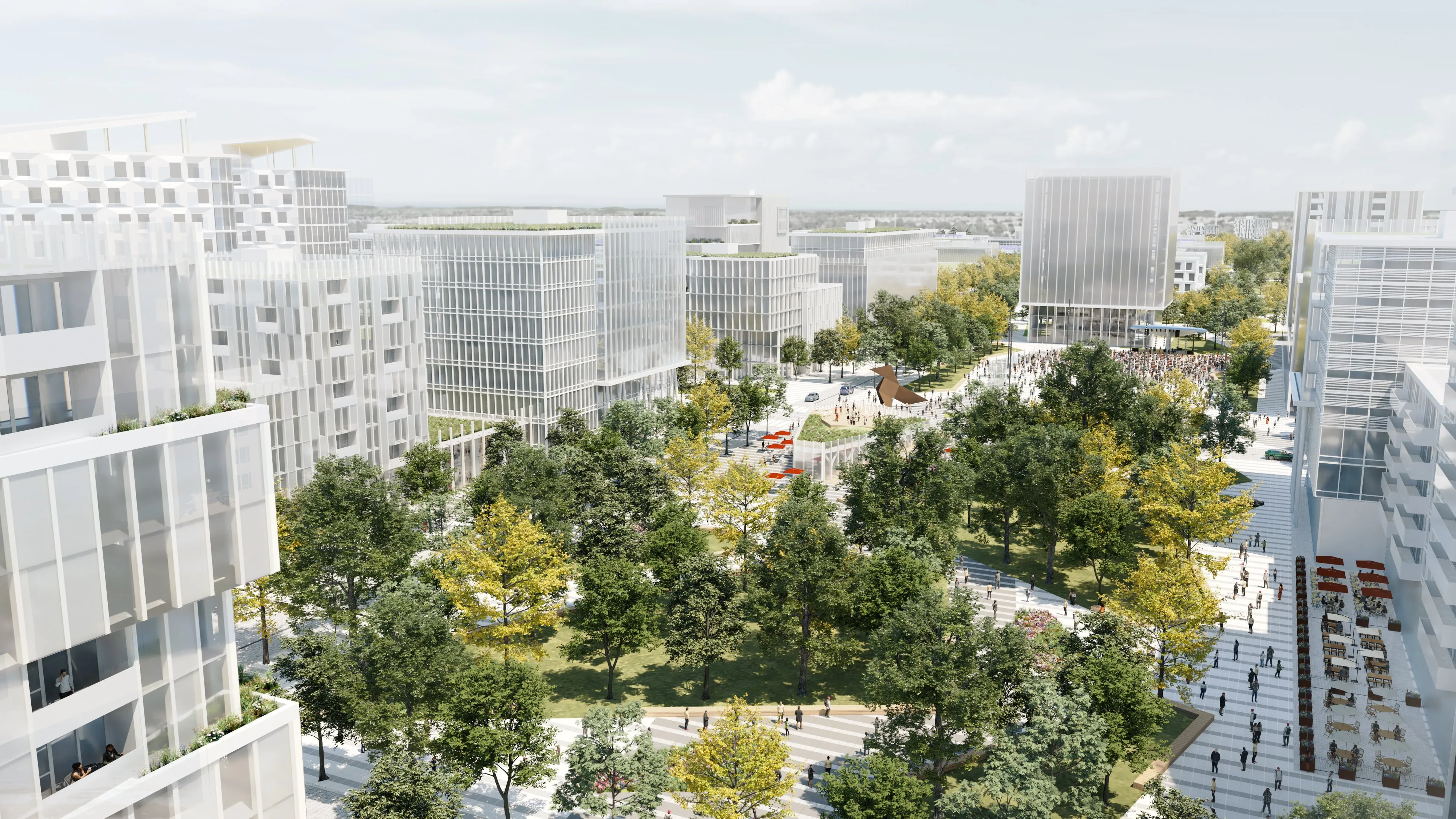 Rendu 3D d’un espace public verdoyant au cœur du futur quartier Avantia.