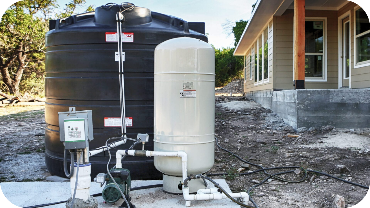 A residential water well system with a large black storage tank, a beige pressure tank, and a pump next to a house foundation.