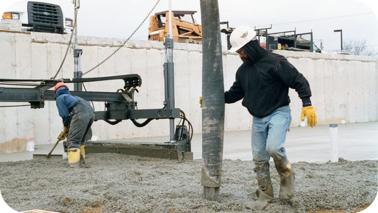 Two workers in hard hats and warm jackets pour a concrete slab, with one holding the pump hose and another levelling the concrete.