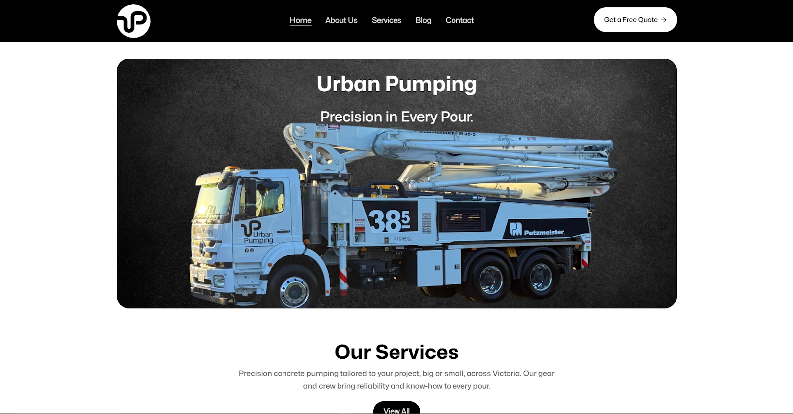 Urban Pumping concrete boom truck parked on site, representing reliable small job concrete pumping services available for residential and commercial projects across Victoria.