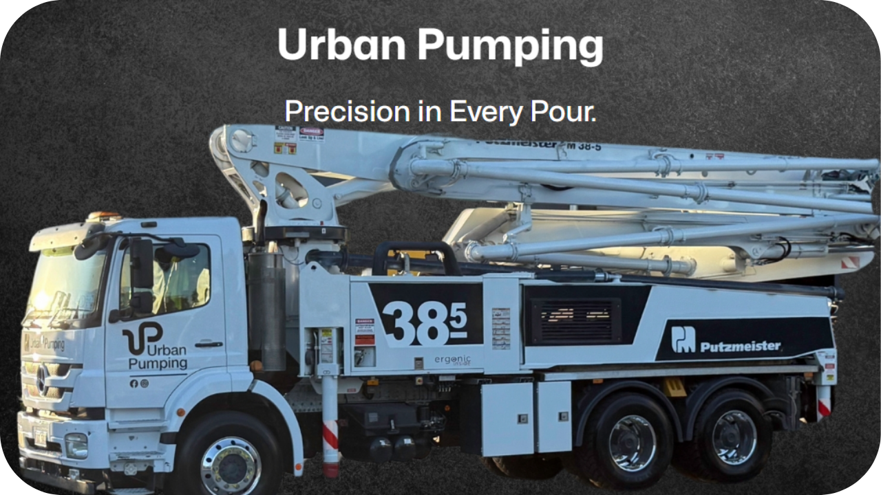 A promotional image of a white Urban Pumping concrete pump truck with the tagline "Precision in Every Pour."