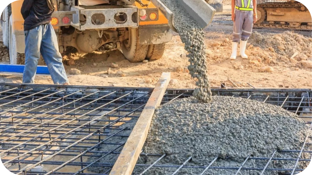 Wet concrete flows down a metal chute from a mixer truck, piling onto a grid of steel rebar for a foundation pour.