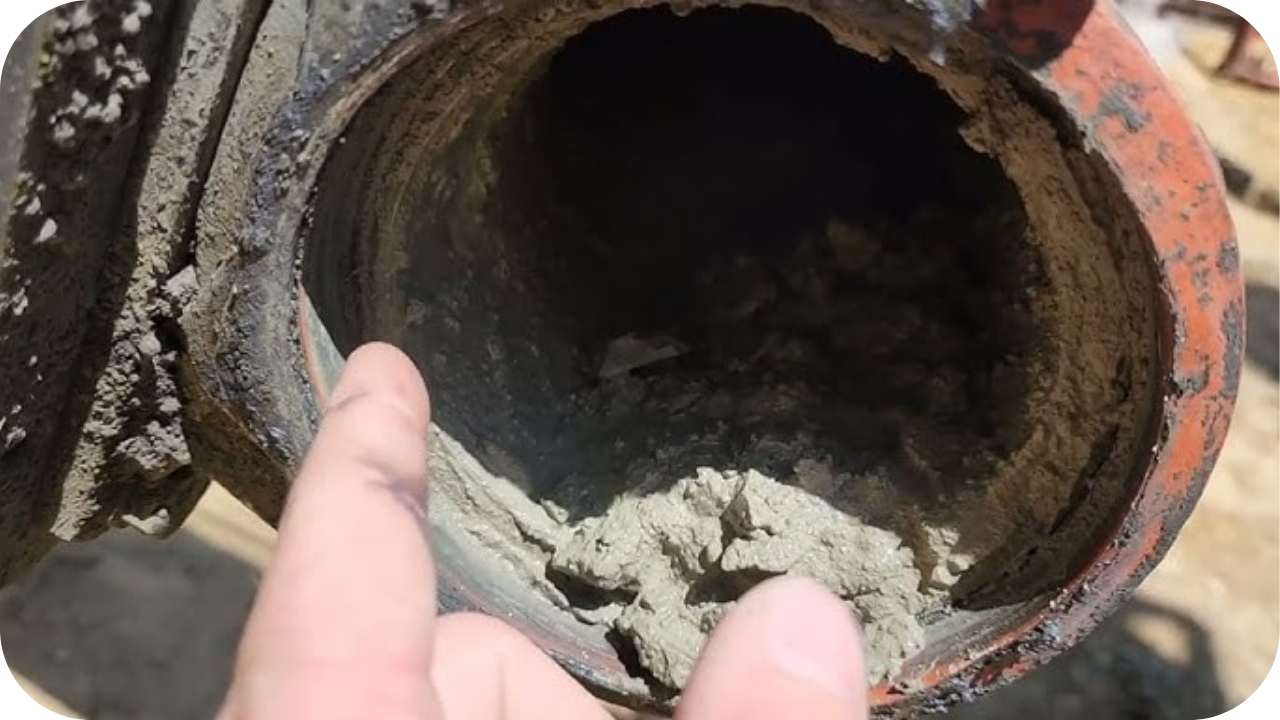 A person's finger points to the inside of a wide pipe, which is caked with a thick blockage of semi-hardened concrete.