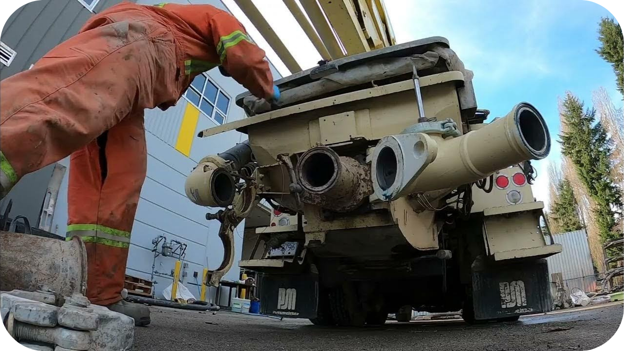 From a low angle, a worker in orange coveralls services the large pipe outlets on the back of a concrete pump truck.