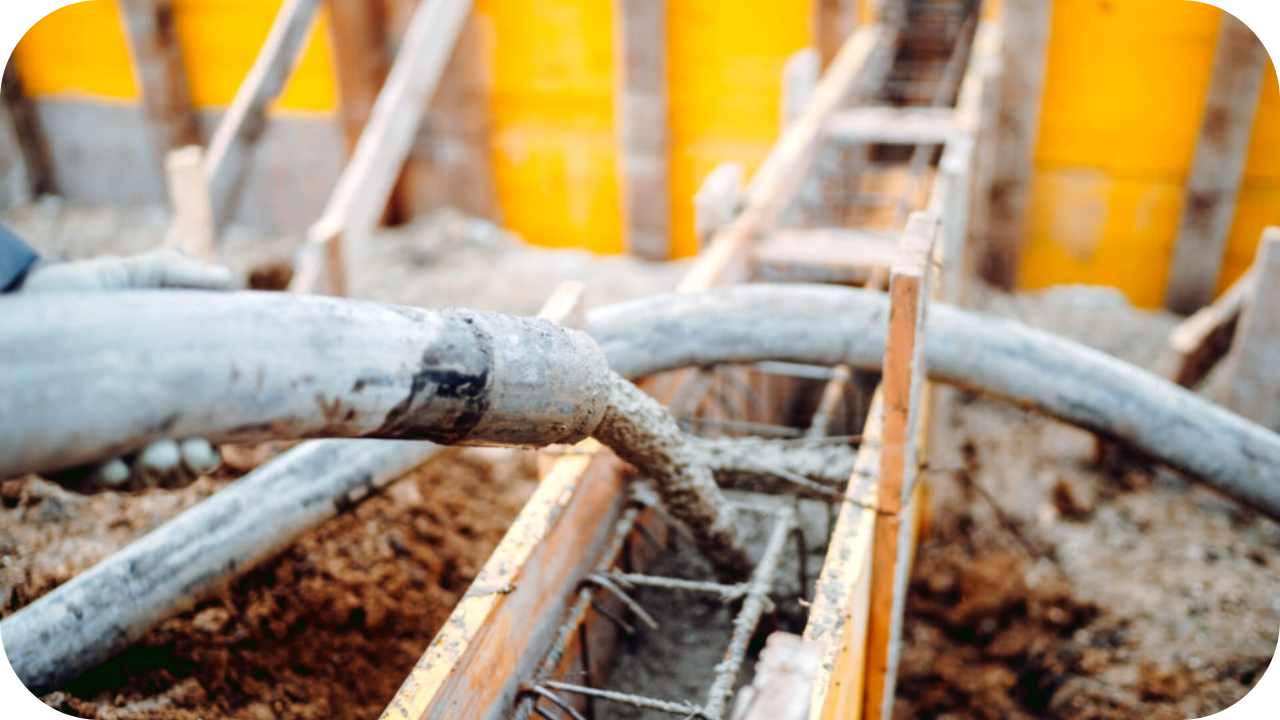 Close-up of concrete pump hose pouring fresh mix into reinforced formwork at a construction site with yellow barriers in view.