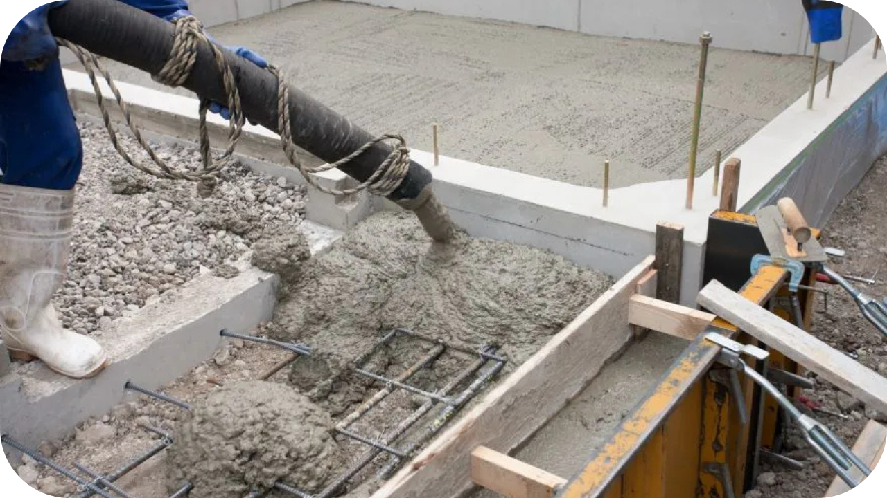 A Worker in boots guides a concrete pump hose as fresh concrete is poured into a reinforced foundation formwork at a building site.
