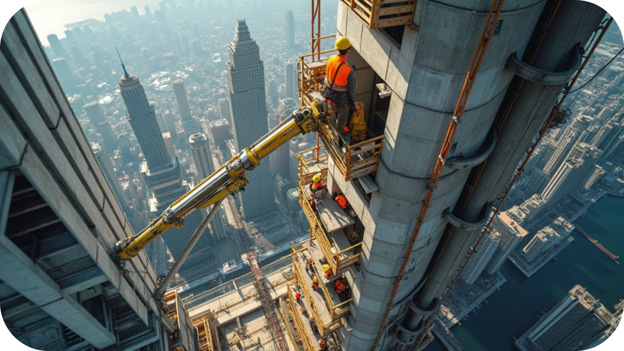 Workers on scaffolding high above a city skyline use a concrete pump to pour concrete on a skyscraper, ensuring precise high-rise placement.