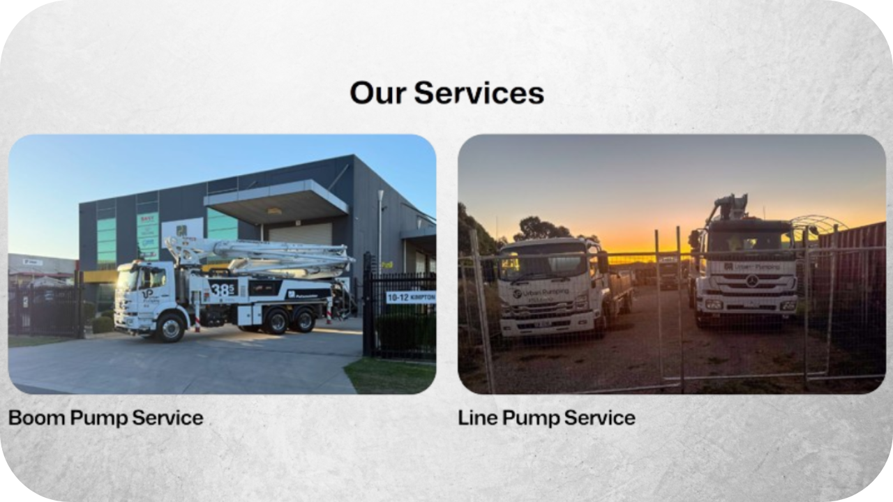 Urban Pumping service vehicles showing boom pump and line pump trucks parked outside the company yard.