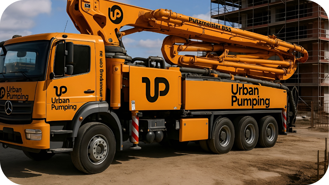 Urban Pumping truck with mounted concrete boom parked at a Melbourne construction site, highlighting reliable concrete pump hire for residential and commercial projects.