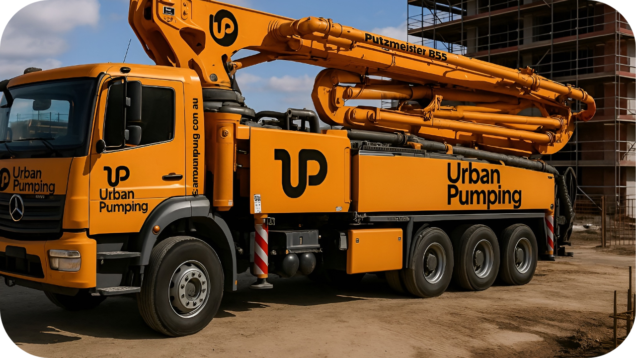 Urban Pumping boom truck positioned on a construction site, showing the heavy-duty equipment used to deliver precise concrete pumping for pool builds