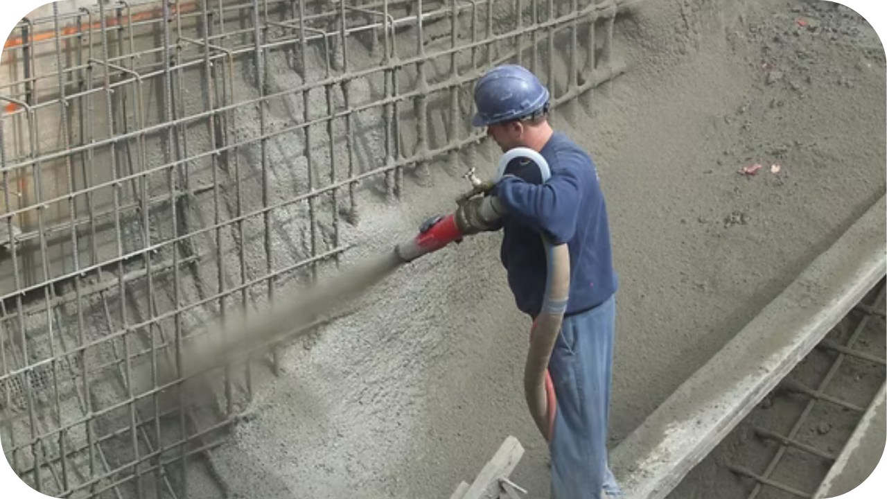 Worker spraying pumped concrete over reinforced steel to form a strong pool wall, highlighting the vital role of pumping in pool construction