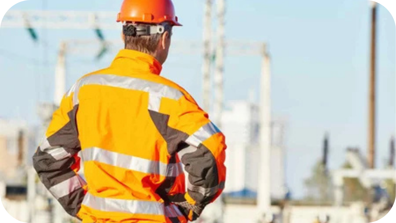 Worker wearing high visibility clothing and a hard hat overseeing a construction site, highlighting essential PPE and safety compliance for pumping crews