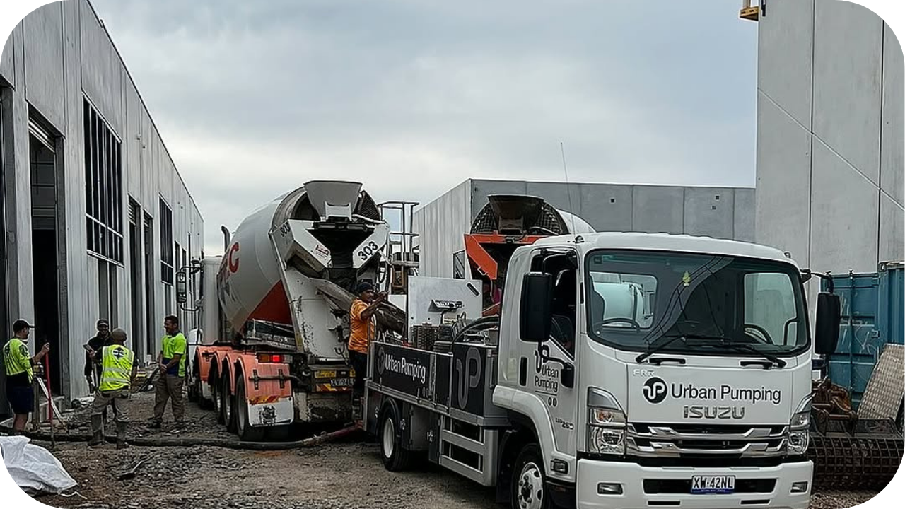 Urban Pumping truck and crew working with a concrete mixer between warehouse structures, coordinating safe concrete delivery and efficient pumping on a busy construction site.
